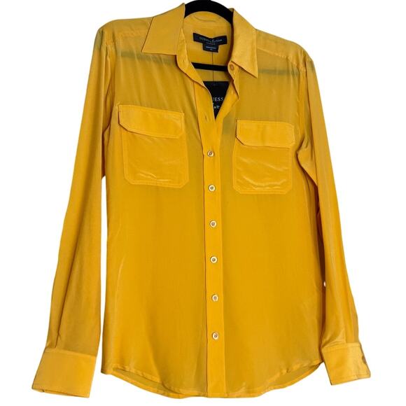 Guess by Marciano Top Blouse Womens XS Yellow Long Sleeve Button Up Silk Preppy - Picture 2 of 13